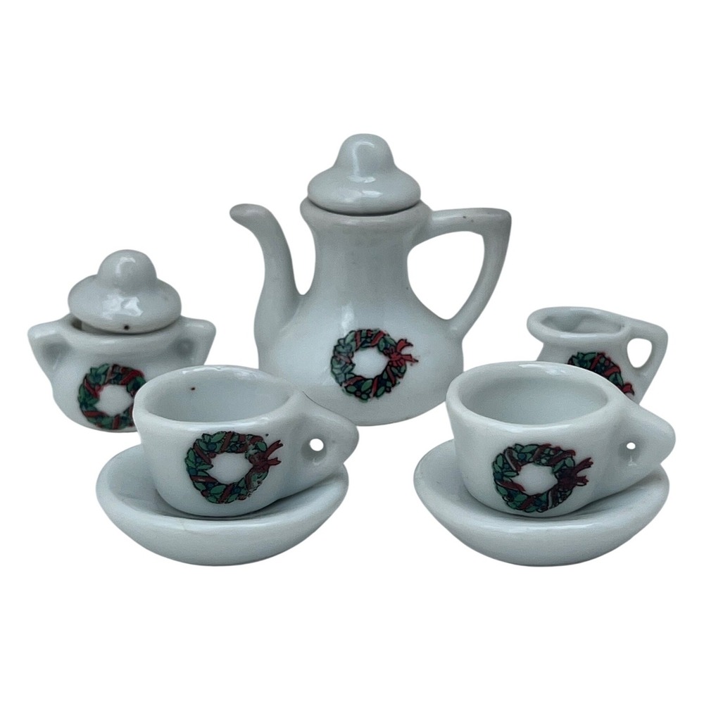 Christmas Wreath Miniature Tea Set Vintage Ceramic White Holiday Dollhouse Decor